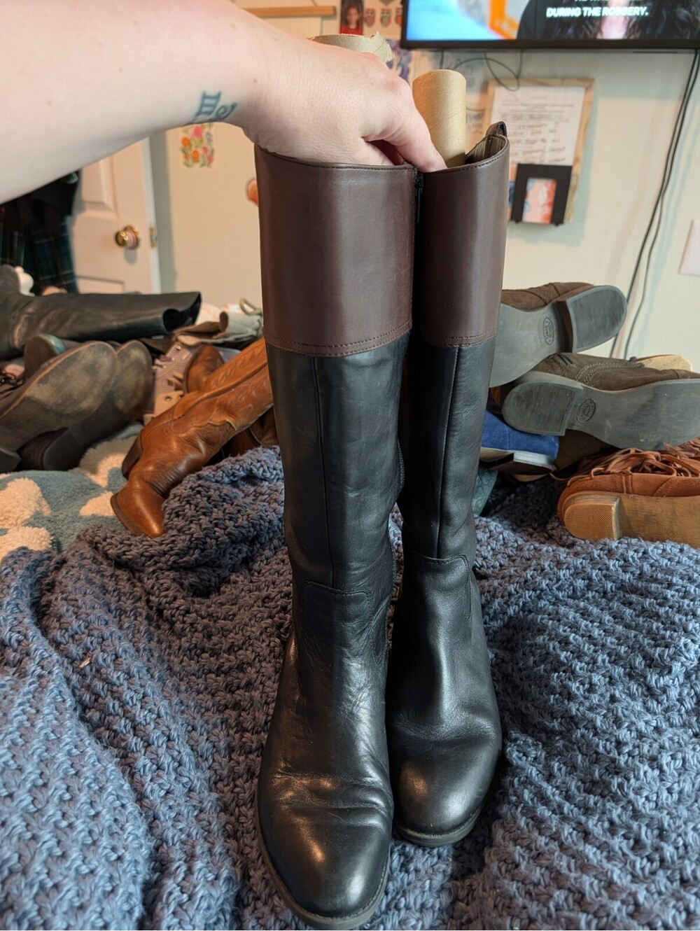 Lauren Ralph Lauren Merrie Black And Brown Burnished Calf Knee High Riding Boots